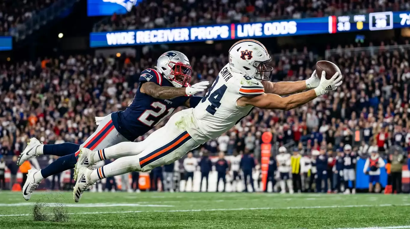 NFL wide receiver stretching to catch a pass during a game with a defender close behind