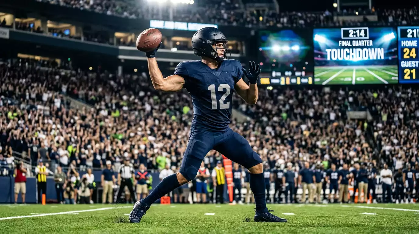 NFL quarterback in full pads throwing a pass during a game under stadium lights